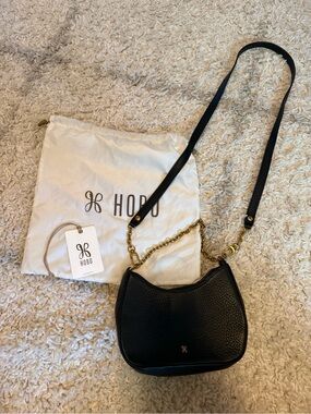 HOBO Black Pebbled Leather Shoulder Bag with Gold Chain